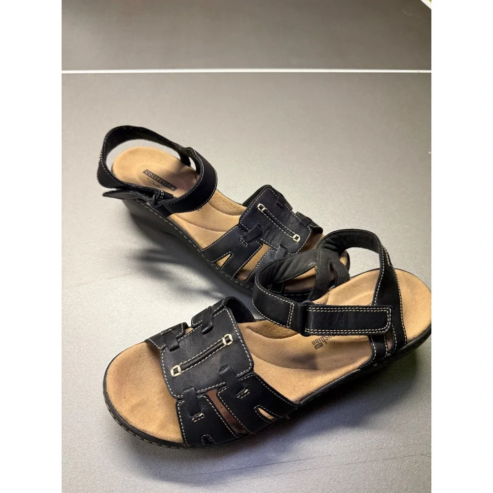 Clarks Delana Nila Black Leather Wedge Sandal Womens 8.5 M Cushion Soft 26131494